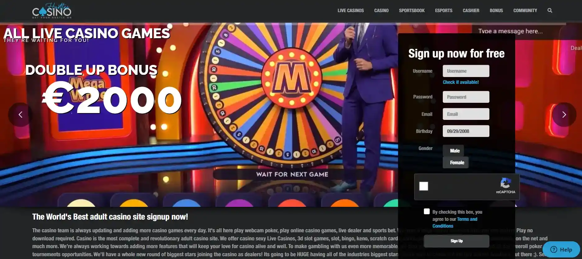 Screenshot of the official Hustles Casino registration page