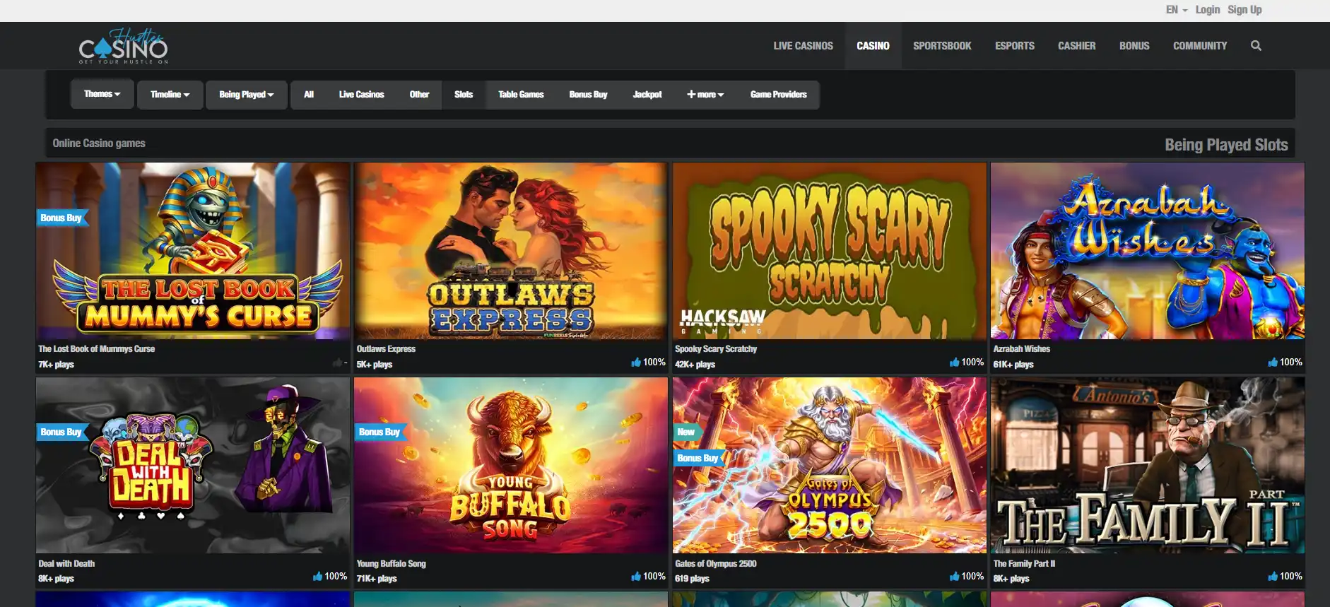 Screenshot of the current Hustles Casino slots lobby with game tiles and provider filters