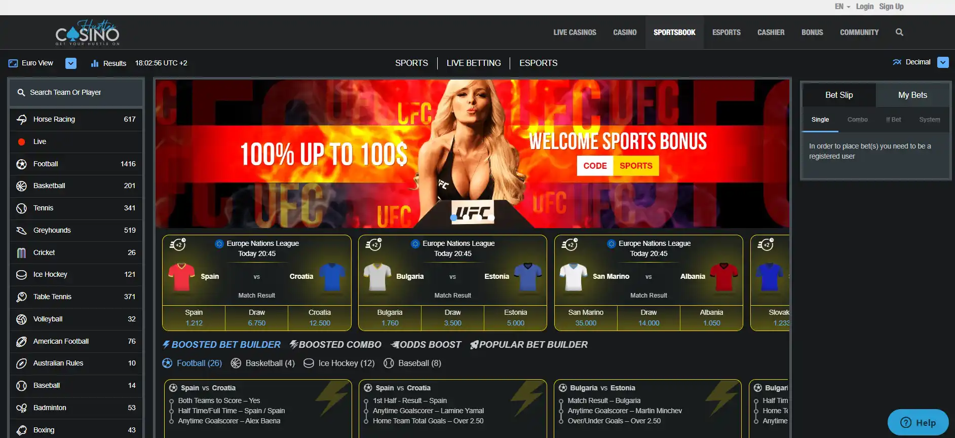 Screenshot of the Hustles Casino sportsbook interface with sports navigation visible