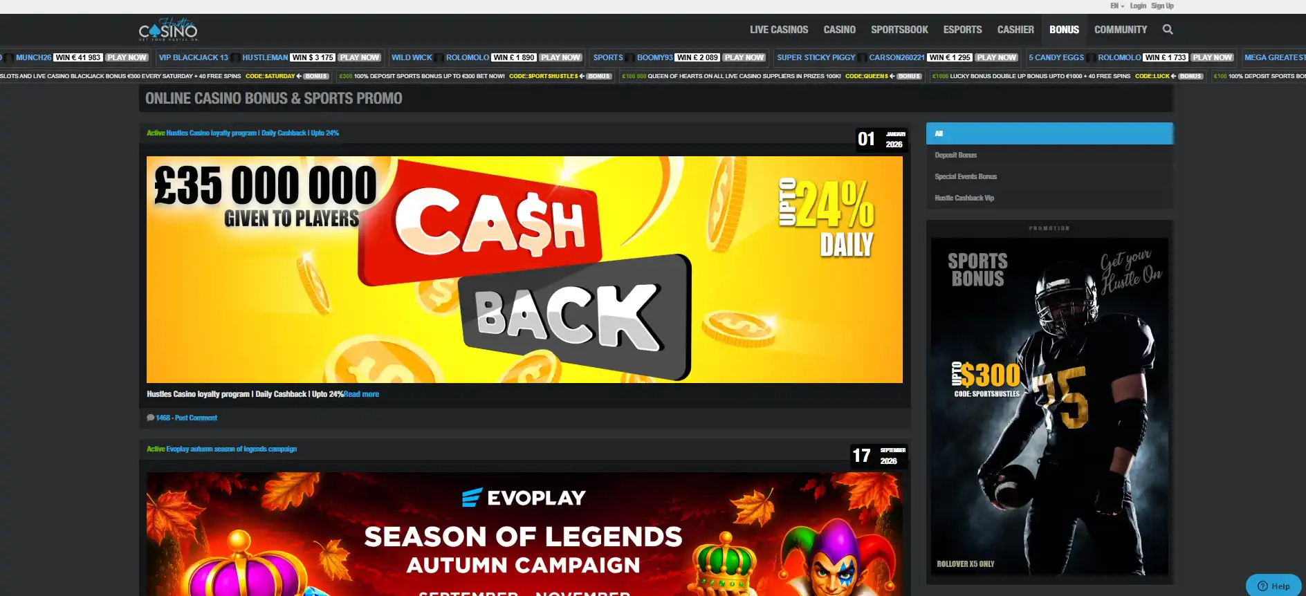 Current Hustles Casino promotions index