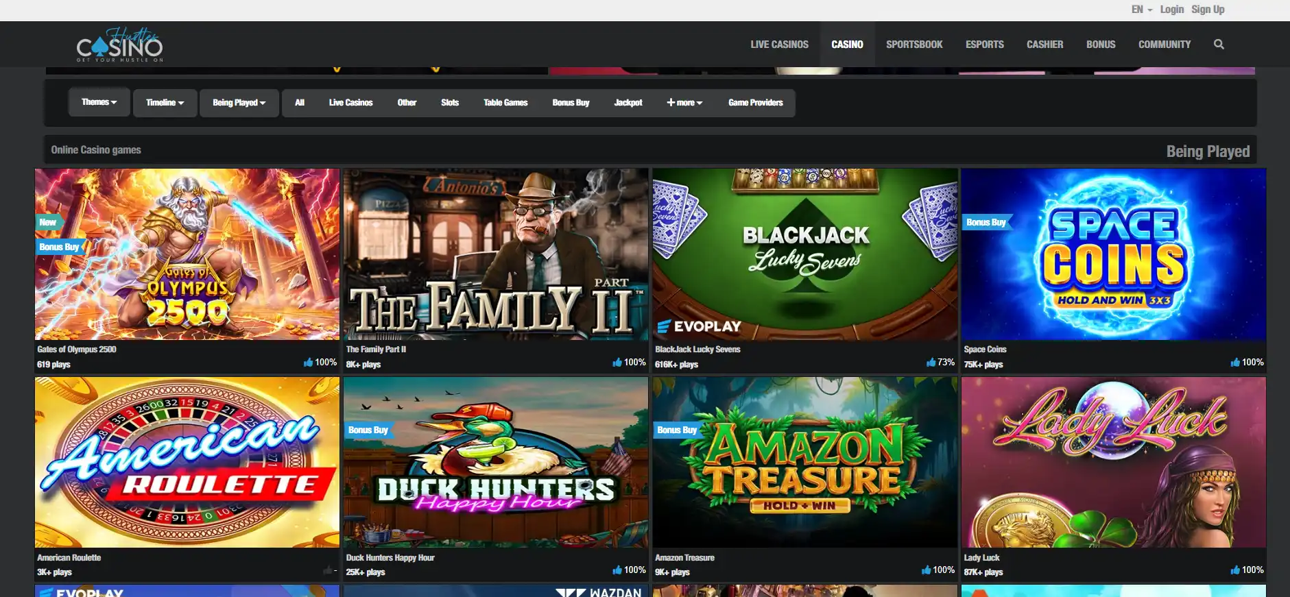 Screenshot of the current Hustles Casino game lobby and provider navigation