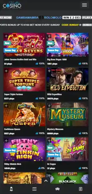 Screenshot of the official Hustles Casino website displayed in a mobile browser