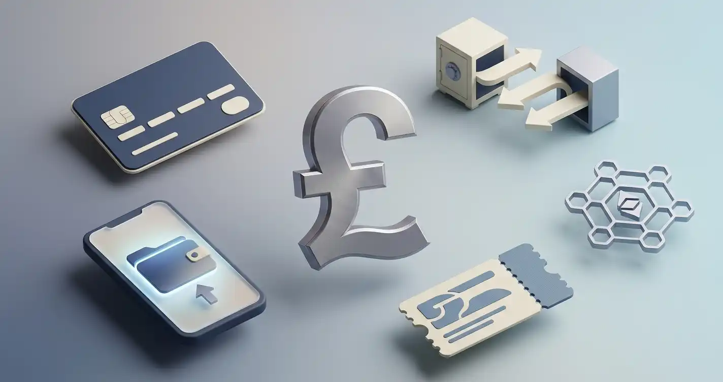 Illustration of GBP casino banking options including debit card, e-wallet, bank transfer and cryptocurrency