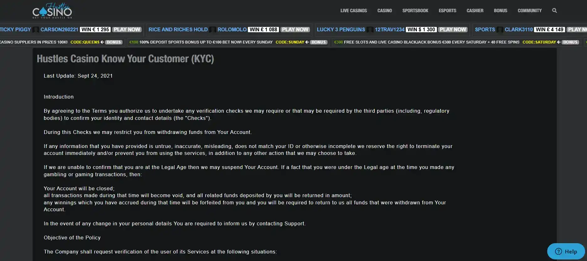Screenshot of the official Hustles Casino KYC document requirements