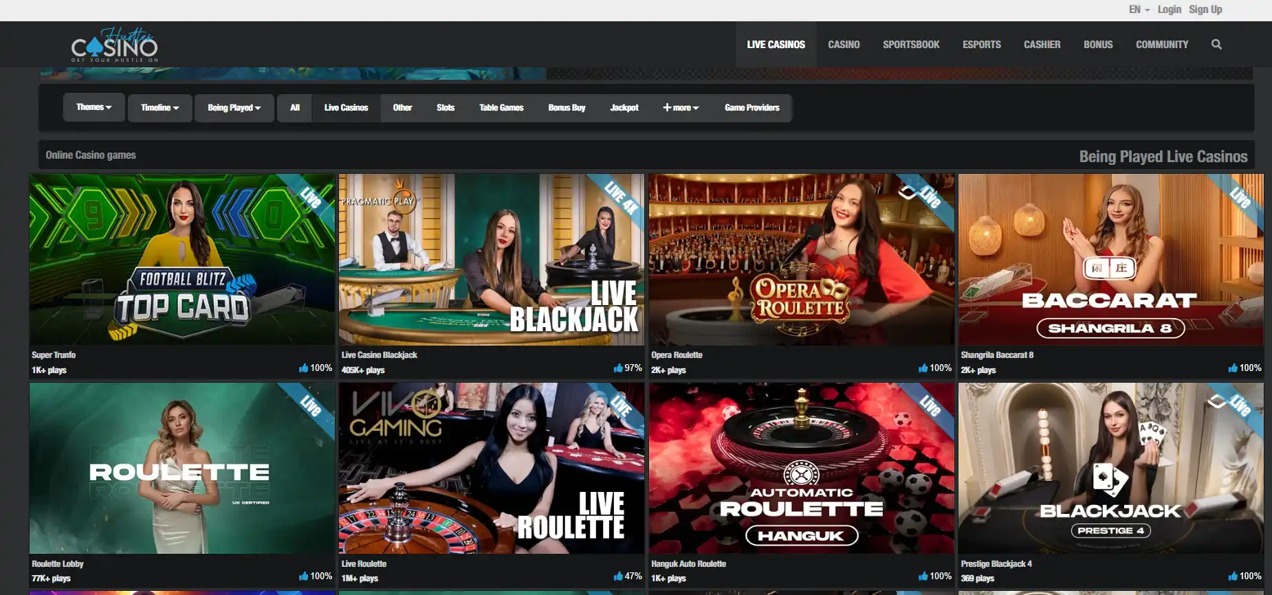 Screenshot of the Hustles Casino live dealer lobby showing real table-game categories