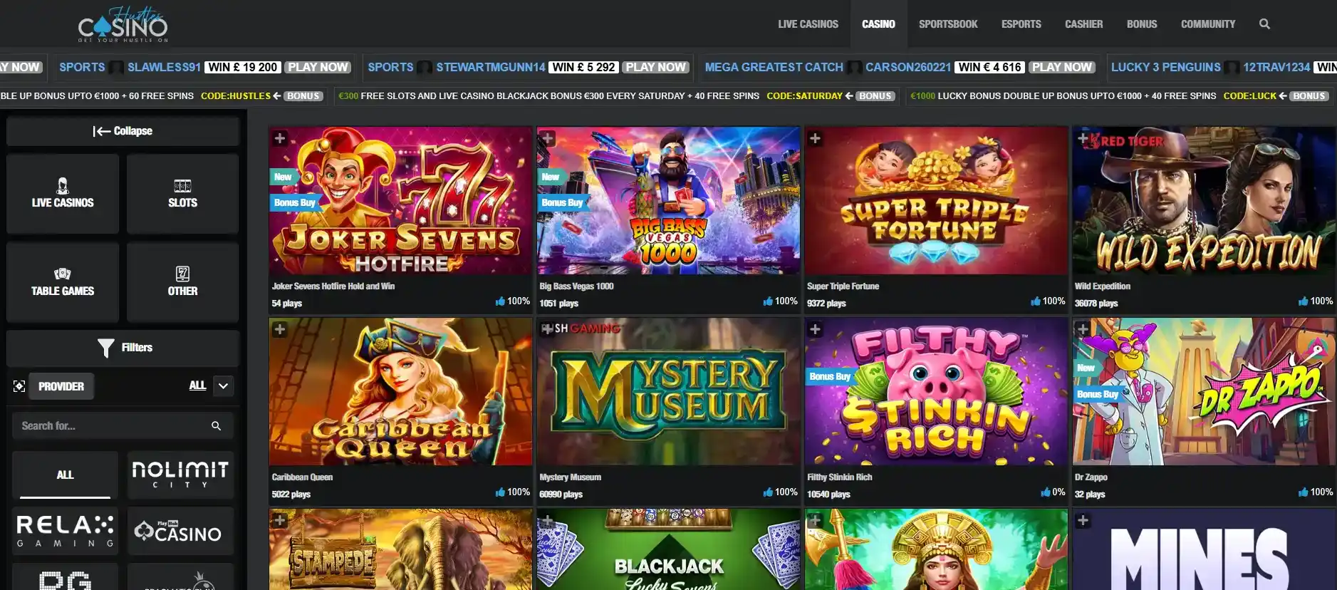 Current Hustles Casino lobby and sportsbook navigation